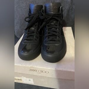 Jimmy Choo Black High-Top Patent & Leather Sneakers - Gloss Finish